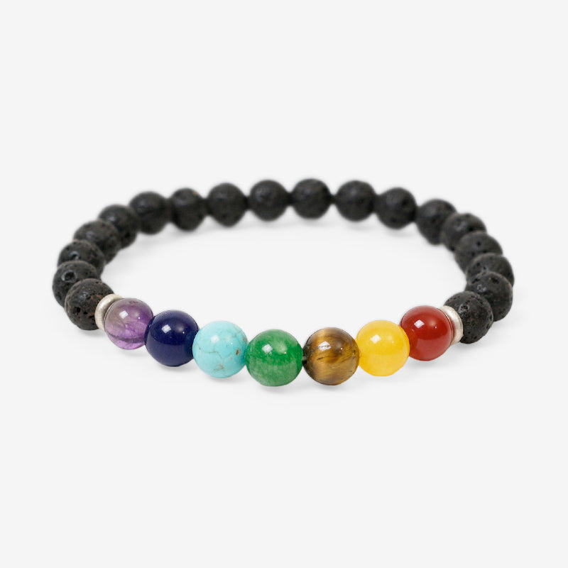 PULSERA ELÁSTICA PIEDRA VOLCÁNICA + 7 CHAKRAS (8 MM)